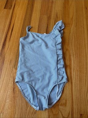 Zara Blue and White Vertical Stripe One-Shoulder Swim